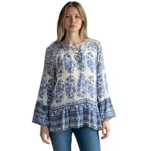 American Eagle Boho Floral Flare Sleeves Tunic Blouse Blue White XL